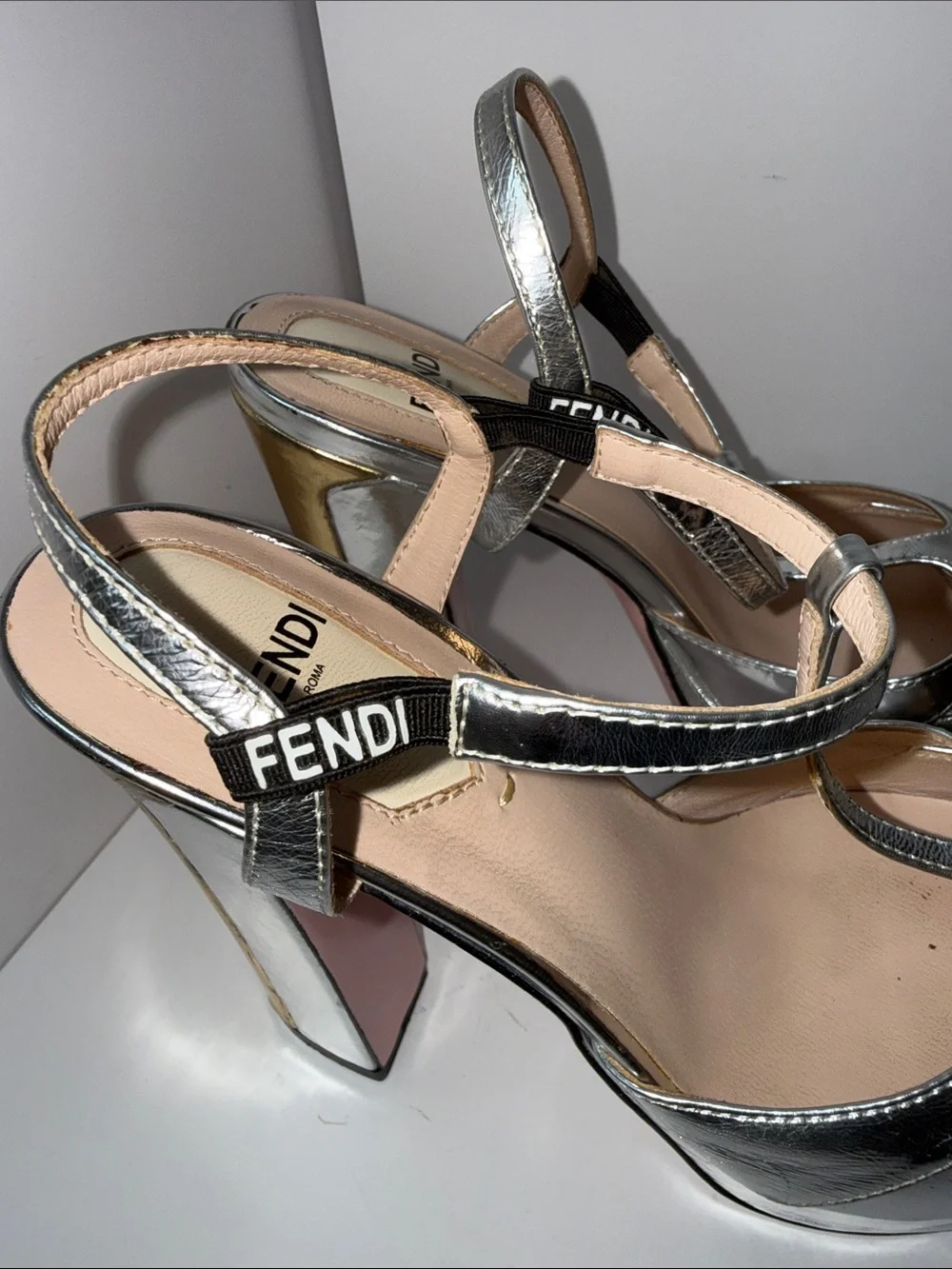 Fendi Metallic Silver Strappy Platform silver/gold Heels